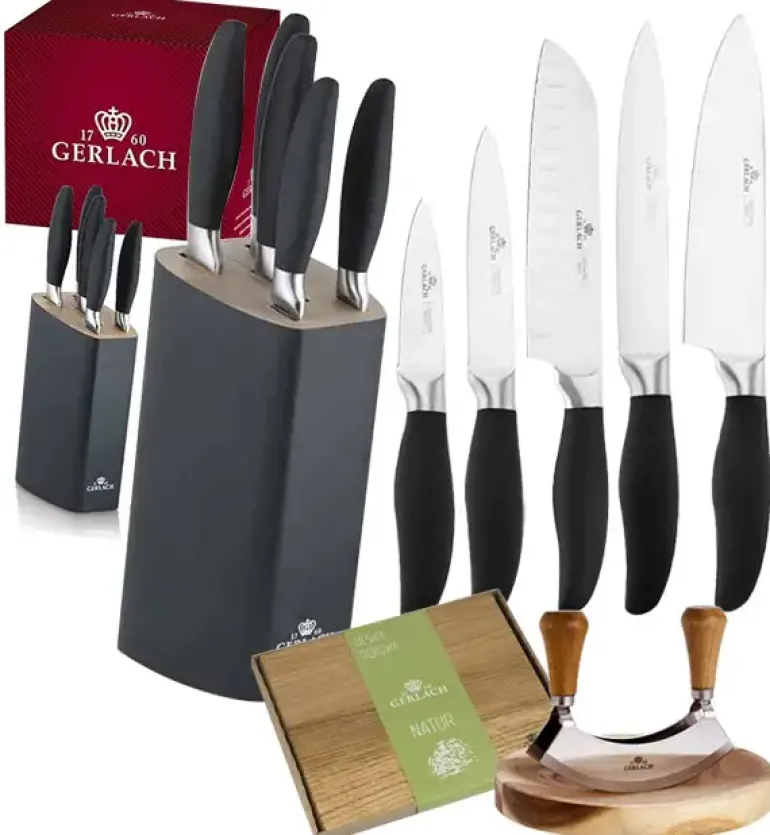 GERLACH STYLE PLUS Komplet 5 noży w bloku + Natur Tasak do ziół z deską +deska dębowa Natur