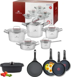GERLACH SUPERIOR Komplet Garnki z pokrywkami 10 el + patelnie Gerlach Ambiente ThermoCoat 20, 24, 28 cm + Patelnia naleśnikowa 26 cm+ Brytfanna Granitex