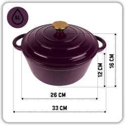 HAGE Garnek żeliwny emaliowany 5 l z pokrywką 26 cm bakłażanowy