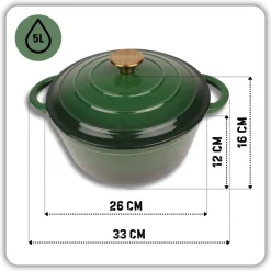 HAGE Garnek żeliwny emaliowany 5 l z pokrywką 26 cm butelkowa zieleń