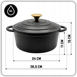 HAGE Garnek żeliwny emaliowany 4 l z pokrywką 24 cm czarny mat