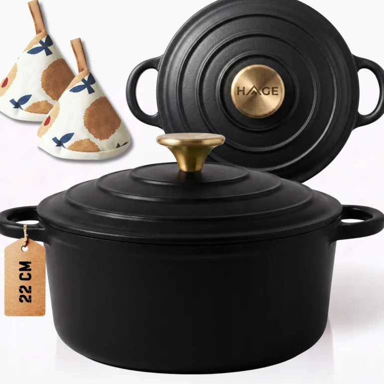 HAGE Garnek żeliwny emaliowany 3 l z pokrywką 22 cm czarny mat