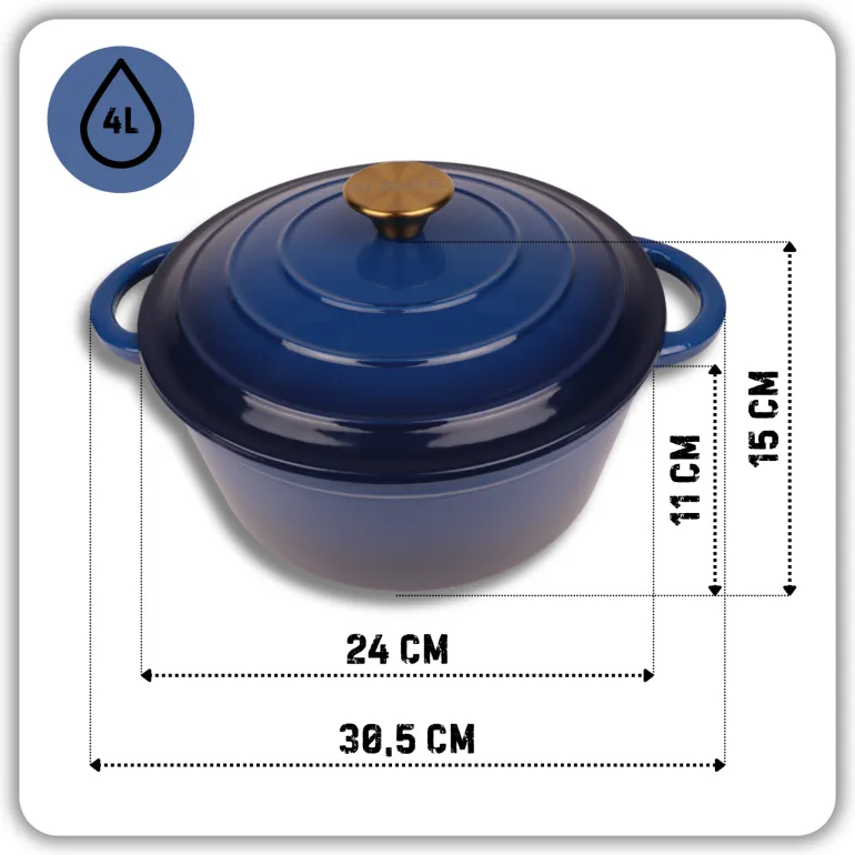 HAGE Garnek żeliwny emaliowany 4 l z pokrywką 24 cm niebieski