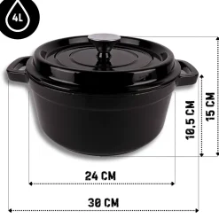 HAGE Garnek żeliwny emaliowany 4 l z pokrywką 24 cm czarny