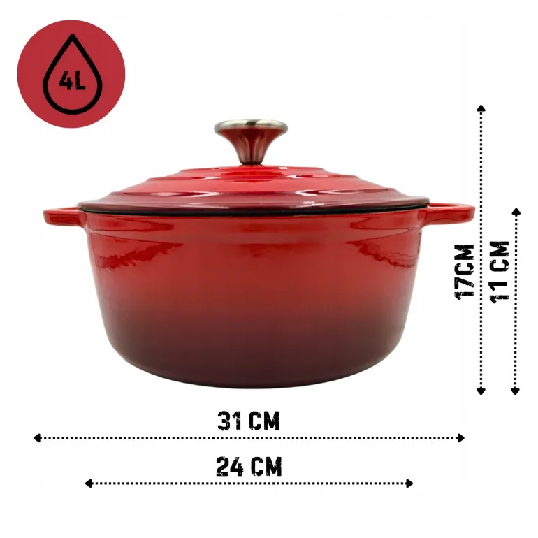 HAGE Garnek żeliwny emaliowany 4 l z pokrywką 24 cm czerwony