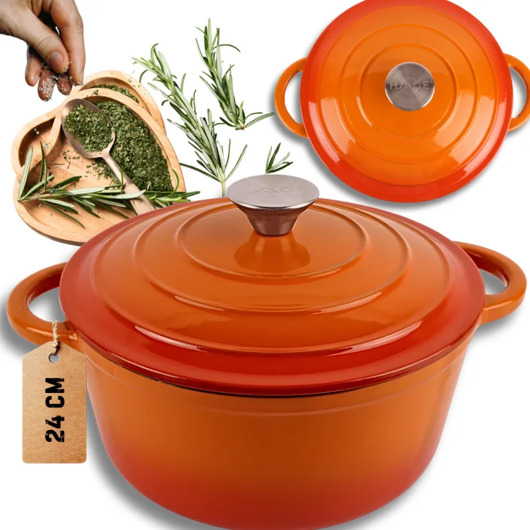 HAGE Garnek żeliwny emaliowany 4 l z pokrywką 24 cm pomarańczowy