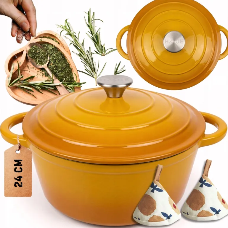 HAGE Garnek żeliwny emaliowany 4 l z pokrywką 24 cm musztardowy
