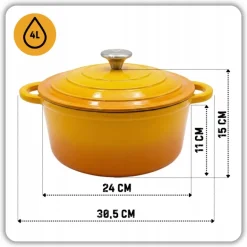 HAGE Garnek żeliwny emaliowany 4 l z pokrywką 24 cm musztardowy