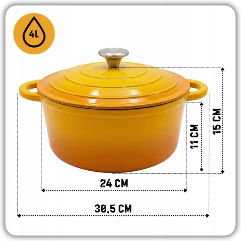 HAGE Garnek żeliwny emaliowany 4 l z pokrywką 24 cm musztardowy