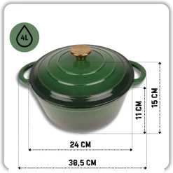 HAGE Garnek żeliwny emaliowany 4 l z pokrywką 24 cm butelkowa zieleń