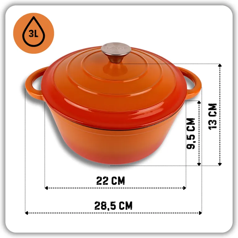 HAGE Garnek żeliwny emaliowany 3 l z pokrywką 22 cm pomarańczowy