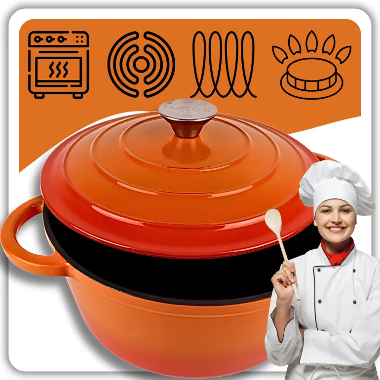 HAGE Garnek żeliwny emaliowany 3 l z pokrywką 22 cm pomarańczowy