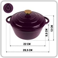 HAGE Garnek żeliwny emaliowany 3 l z pokrywką 22 cm bakłażanowy