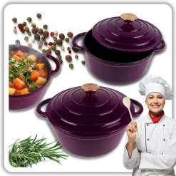 HAGE Garnek żeliwny emaliowany 3 l z pokrywką 22 cm bakłażanowy