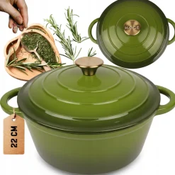 HAGE Garnek żeliwny emaliowany 3 l z pokrywką 22 cm oliwkowy