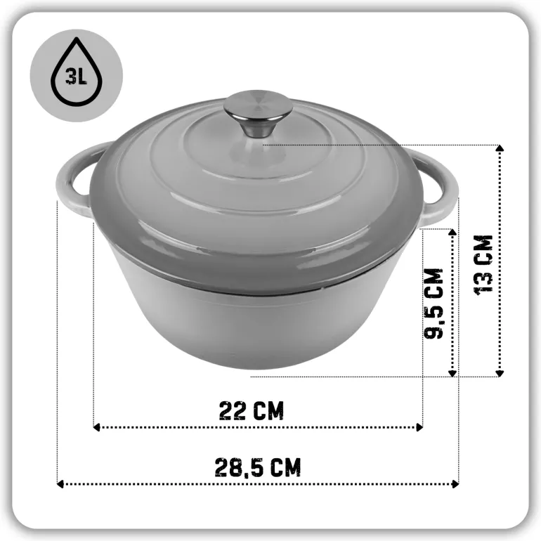HAGE Garnek żeliwny emaliowany 3 l z pokrywką 22 cm szary