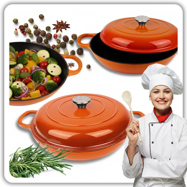 HAGE Niski garnek żeliwny emaliowany 3 l z pokrywką 30 cm pomarańczowy