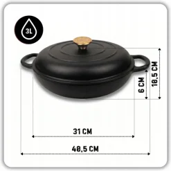 HAGE Niski garnek żeliwny emaliowany 3 l z pokrywką 30 cm czarny mat