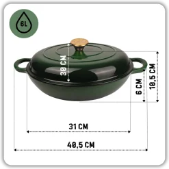 HAGE Niski garnek żeliwny emaliowany 3 l z pokrywką 30 cm butelkowa zieleń