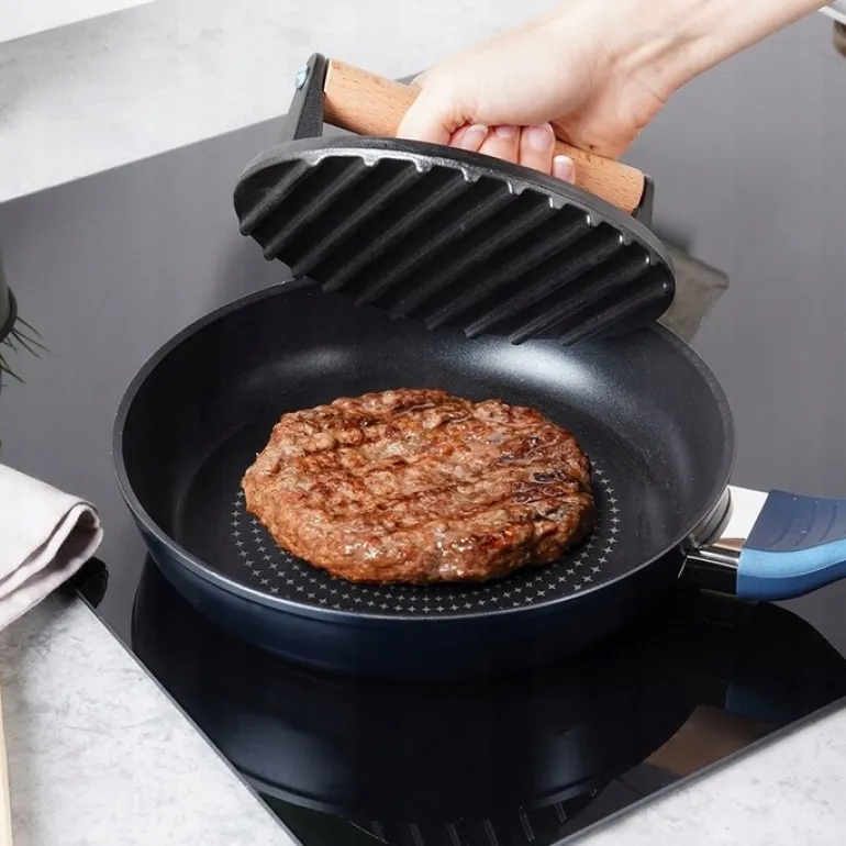 HAGE Prasa do burgerów żeliwna okrągła 17,5 cm drewniany uchwyt