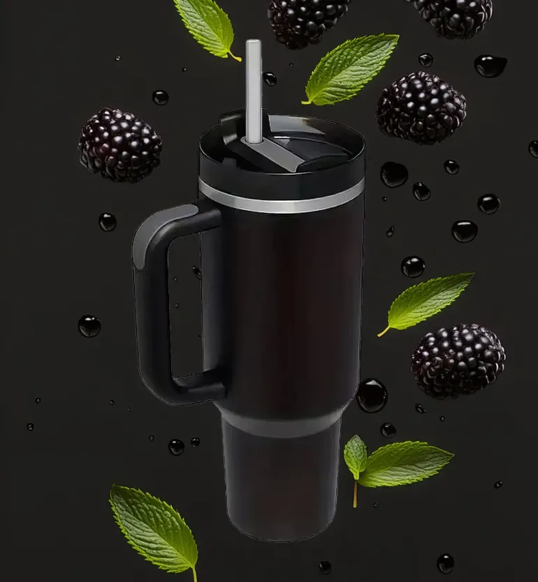 IMCHEX | BLACK | Kubek termiczny 1200 ml ze słomką + 10 szklanych słomek