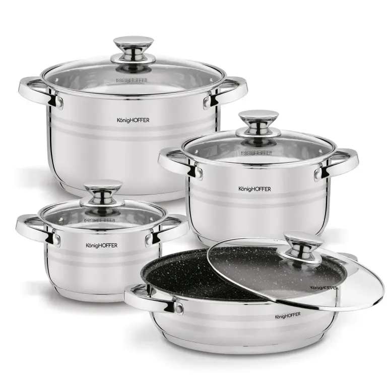 KönigHOFFER BARI SILVER Komplet garnków z pokrywkami + patelnia głęboka 8 el / stal nierdzewna