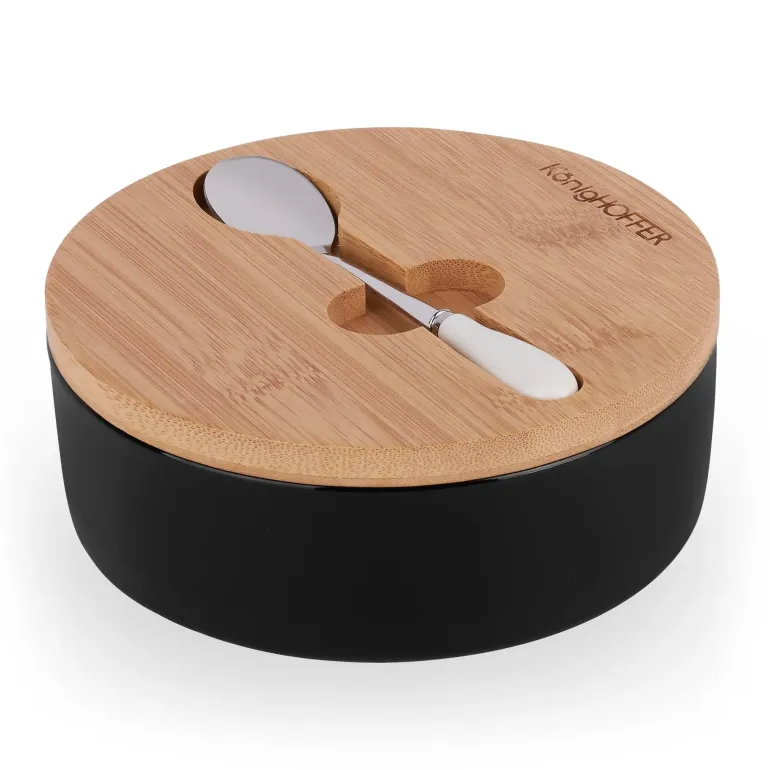 KONIGHOFFER Porcelanowa cukiernica z bambusową pokrywą + łyżeczka / czarna / 350 ml