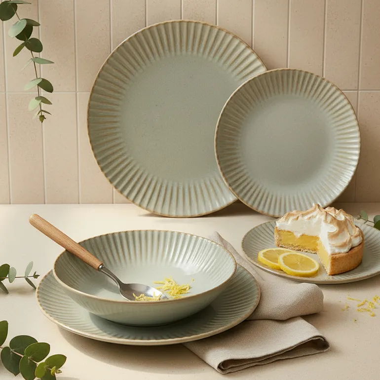 LUBIANA DAISY STONEWARE EUKALIPTUS | Serwis obiadowy 54 elementy dla 18 osób | kolor zielony