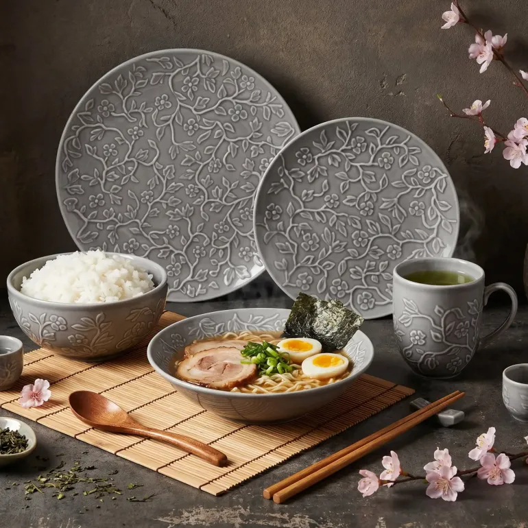LUBIANA HANAMI K1 SZARY Serwis obiadowy 120 el 24 osób kwiatowy relief