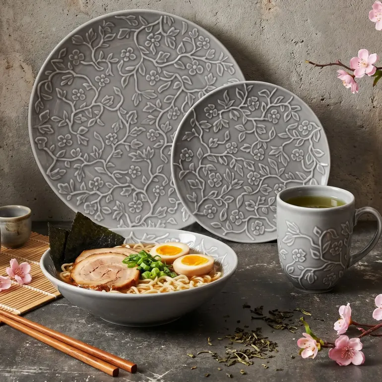 LUBIANA HANAMI K1 SZARY Serwis obiadowy 72 el 18 osób kwiatowy relief