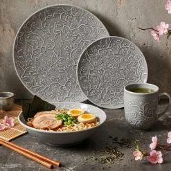 LUBIANA HANAMI K1 SZARY Serwis obiadowy 48 el 12 osób kwiatowy relief