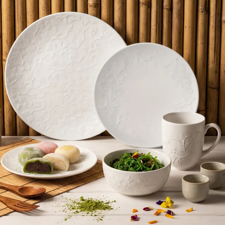 LUBIANA HANAMI Serwis obiadowy 90 el / 18 osób z kubkami i salaterkami | biała porcelana