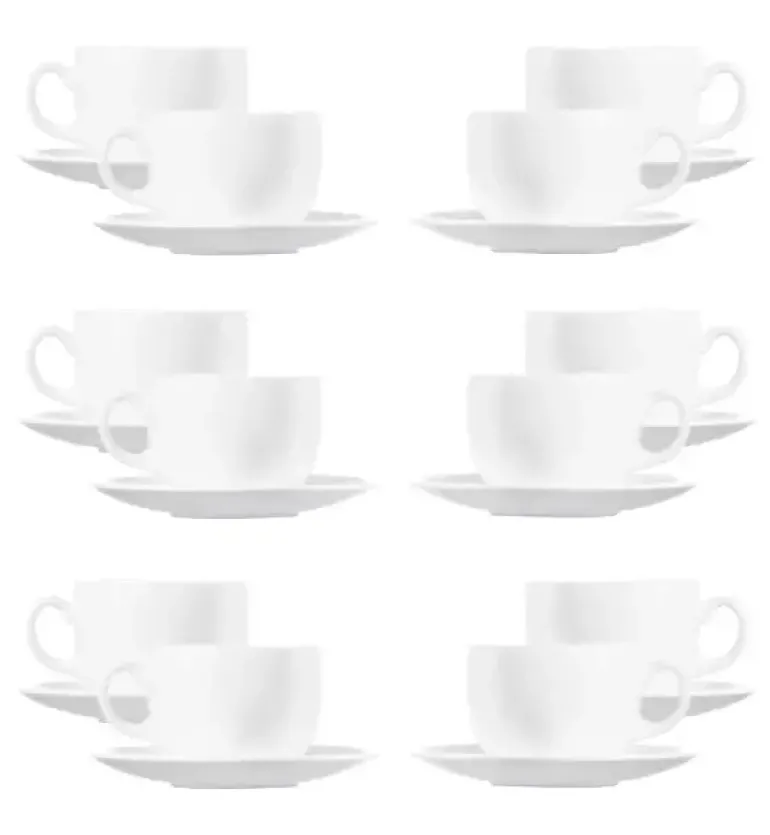 LUMINARC DIWALI WHITE Komplet 12 (2x6) filiżanek 220 ml ze spodkami 14 cm| biały | szkło hartowane