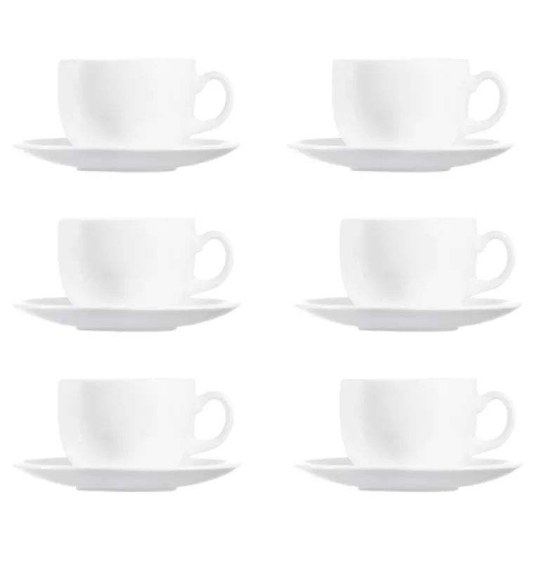 LUMINARC DIWALI WHITE Komplet 12 (2x6) filiżanek 220 ml ze spodkami 14 cm| biały | szkło hartowane