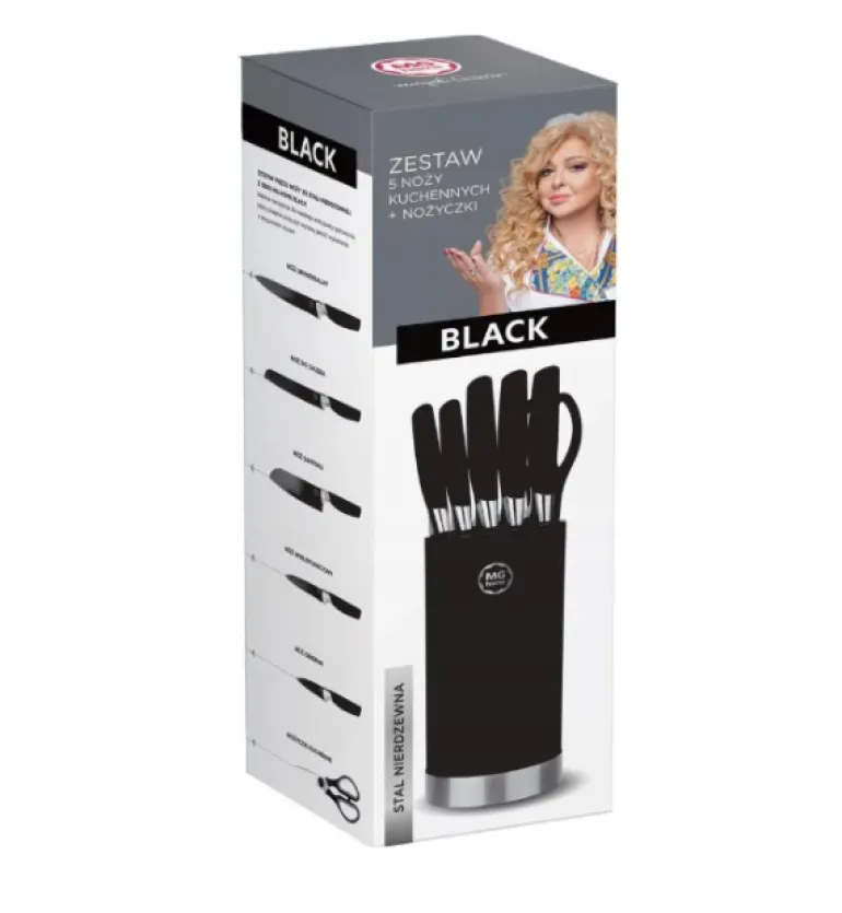 MG HOME | BLACK Zestaw 5 noży w bloku + nożyczki / stal nierdzewna