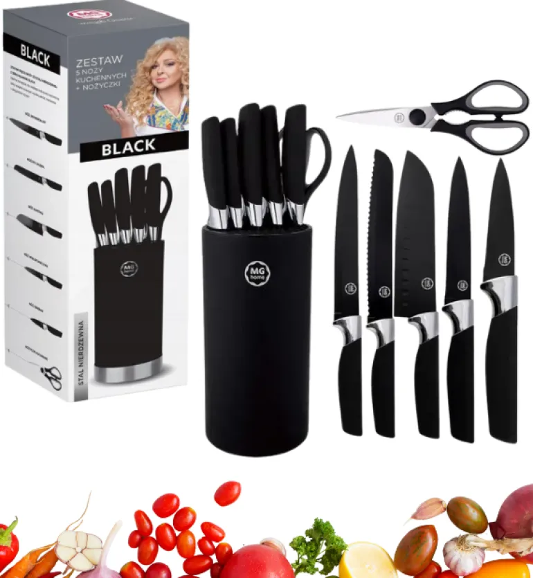 MG HOME | BLACK Zestaw 5 noży w bloku + nożyczki / stal nierdzewna