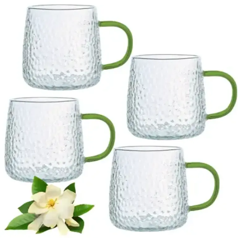 MG HOME | DECO Zestaw 4 szklanek żłobionych z uchem 350 ml / zielone