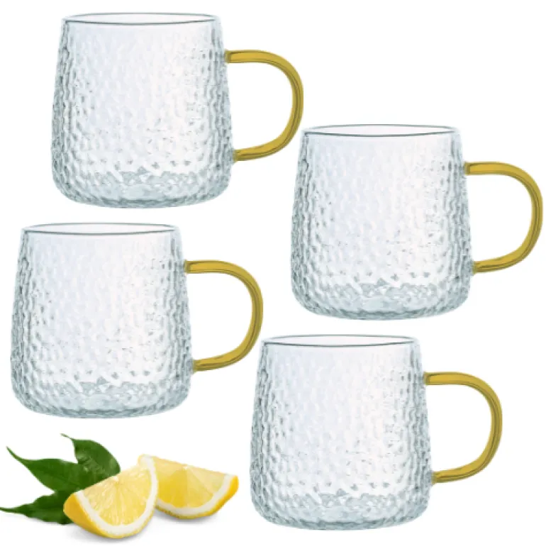 MG HOME | DECO Zestaw 4 szklanek żłobionych z uchem 300 ml / musztardowe