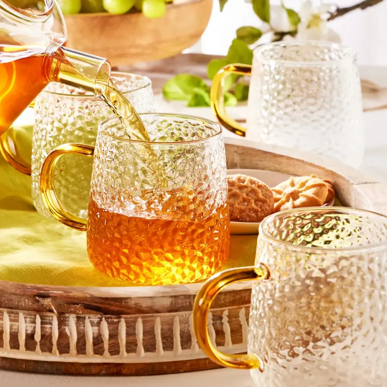 MG HOME | DECO Zestaw 4 szklanek żłobionych z uchem 300 ml / musztardowe