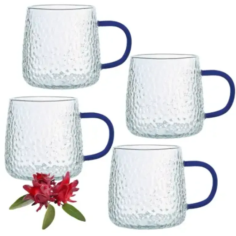 MG HOME | DECO Zestaw 4 szklanek żłobionych z uchem 350 ml / niebieskie