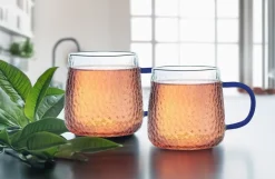 MG HOME | DECO Zestaw 4 szklanek żłobionych z uchem 350 ml / niebieskie
