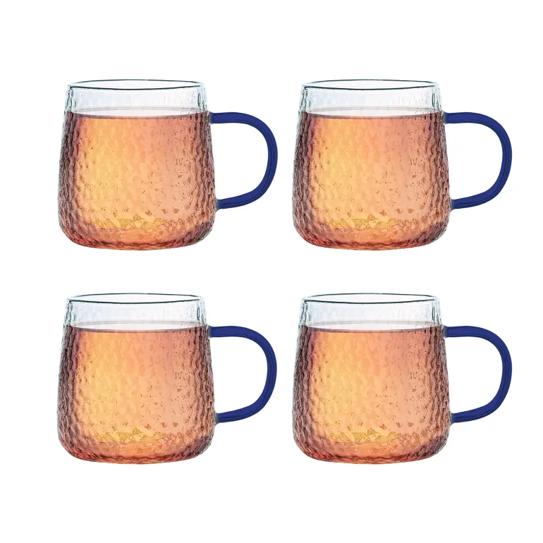 MG HOME | DECO Zestaw 4 szklanek żłobionych z uchem 350 ml / niebieskie