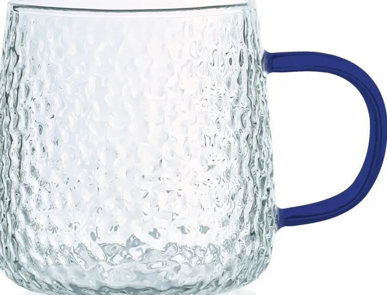 MG HOME | DECO Zestaw 4 szklanek żłobionych z uchem 350 ml / niebieskie
