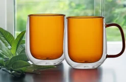 MG HOME | DECO Zestaw 2 szklanek termicznych z uchem 300 ml / bursztynowe