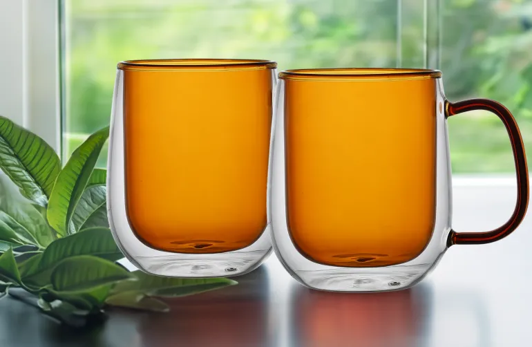 MG HOME | DECO Zestaw 2 szklanek termicznych z uchem 300 ml / bursztynowe