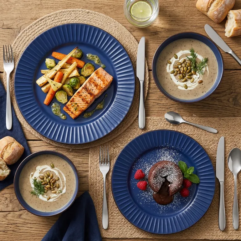 PRIMA DECO BRENTA Komplet obiadowy 18 el dla 6 os / kamionka / granatowy mat