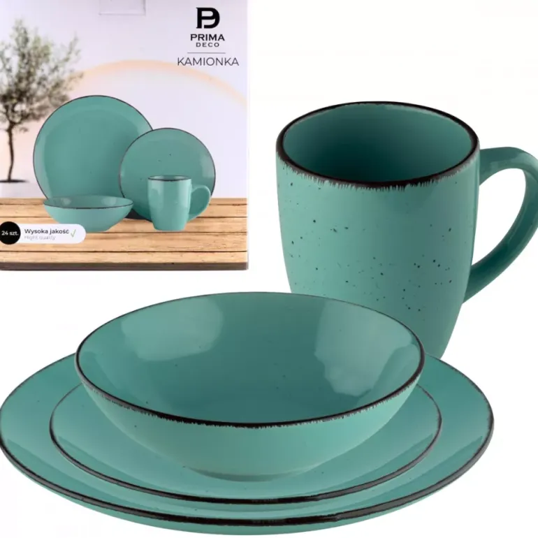 PRIMA DECO Komplet obiadowy 48 el dla 12 os / turkusowy / kamionka
