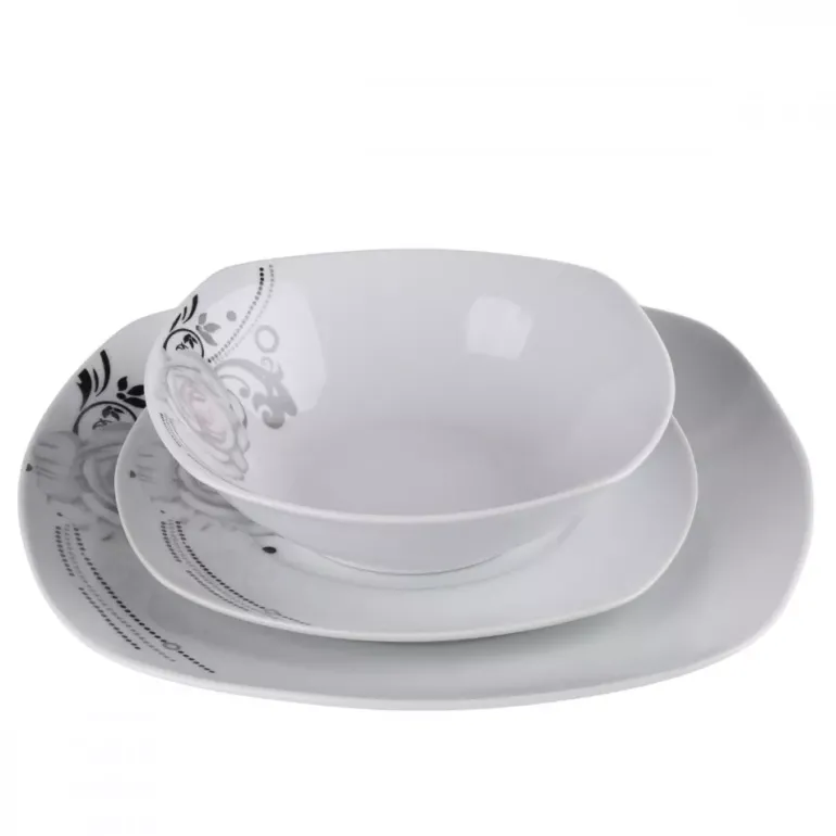 PRIMA DECO Komplet obiadowy 36 el dla 12 os SZARA RÓŻA / kwadratowy / porcelana