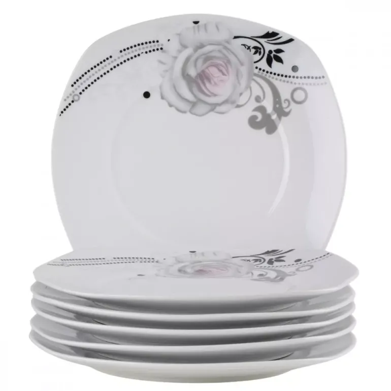 PRIMA DECO Komplet obiadowy 36 el dla 12 os SZARA RÓŻA / kwadratowy / porcelana