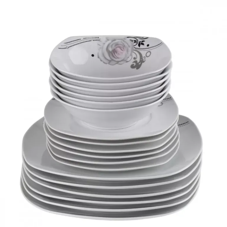 PRIMA DECO Komplet obiadowy 36 el dla 12 os SZARA RÓŻA / kwadratowy / porcelana